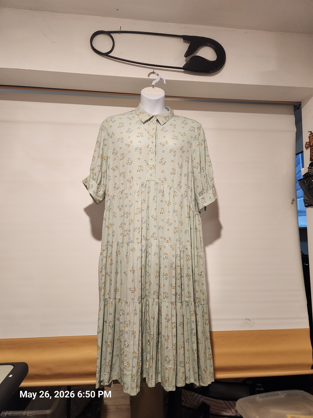 Anna Pale Green Floral Tiered Shirt Midi Dress
